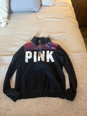 PINK Victoria's Secret Black Zip-Up Jacket with Pink Floral Trim
